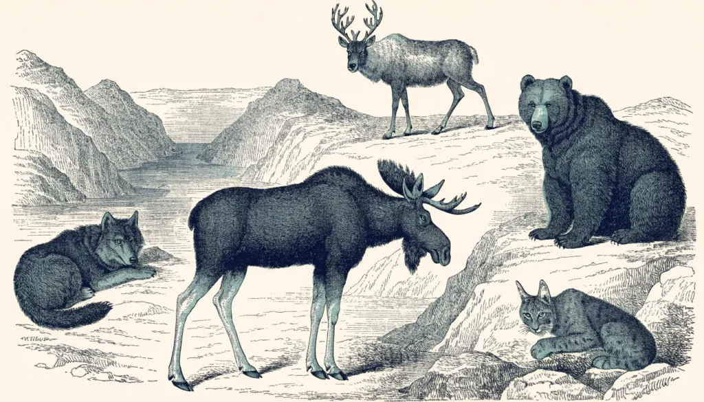 Illustrasjon av elg, ulv, brunbjørn, reinsdyr og gaupe