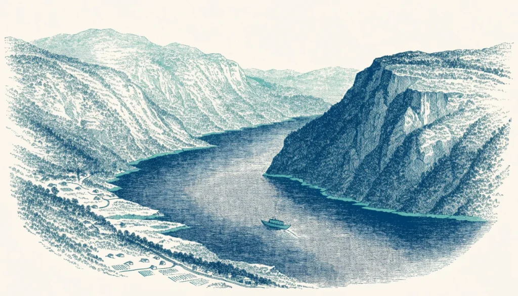 Illustrasjon av en dyp, smal fjord med fjellgårder på hyller og en ferje