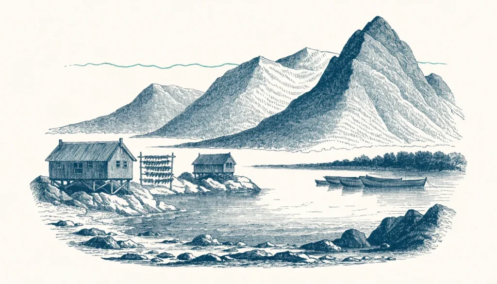 Illustrasjon av rorbuer ved sjøen under spisse fjell og hjeller med tørrfisk