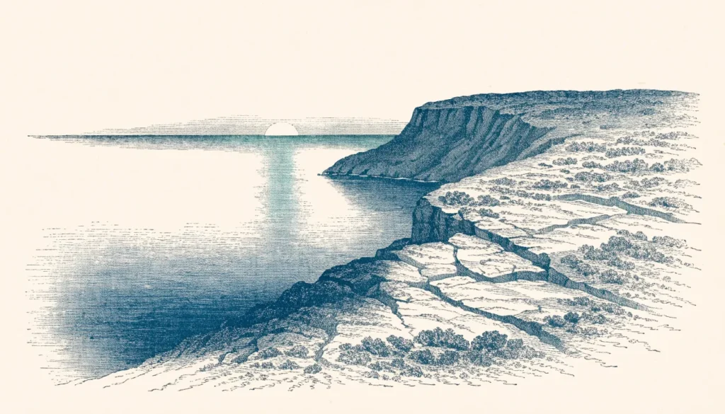 Illustrasjon av midnattssol lavt over havet ved en nordlig klippe