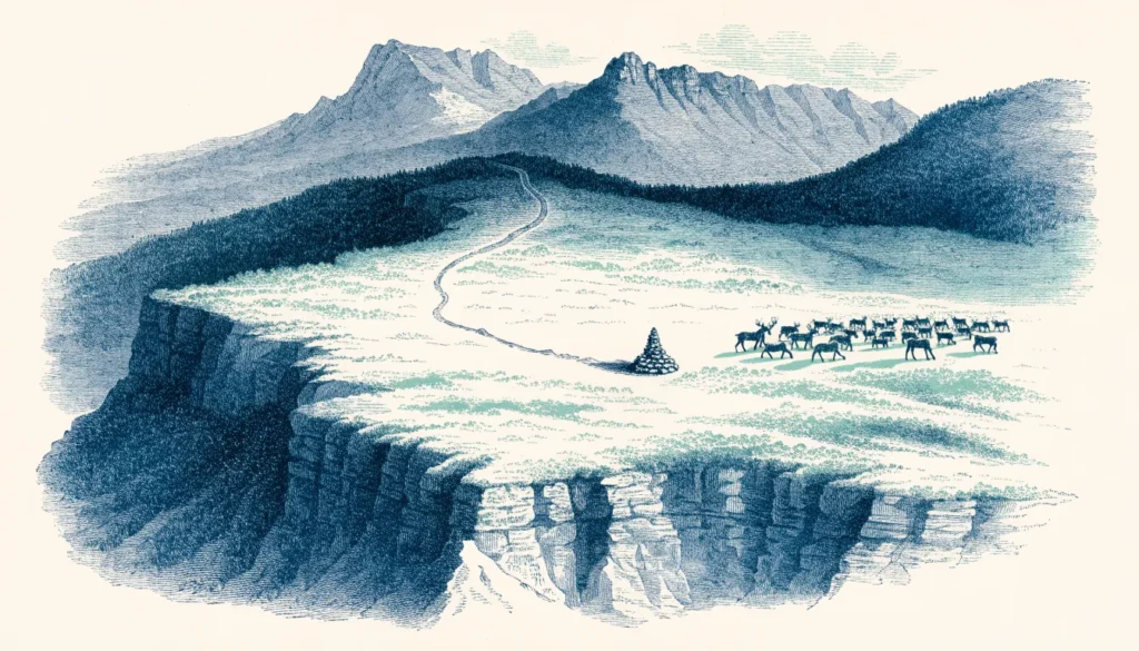 Illustrasjon av en høyfjellsslette med sti, varde og villrein