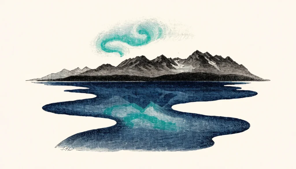 Illustrasjon av grønt nordlys som speiler seg i en stille fjord