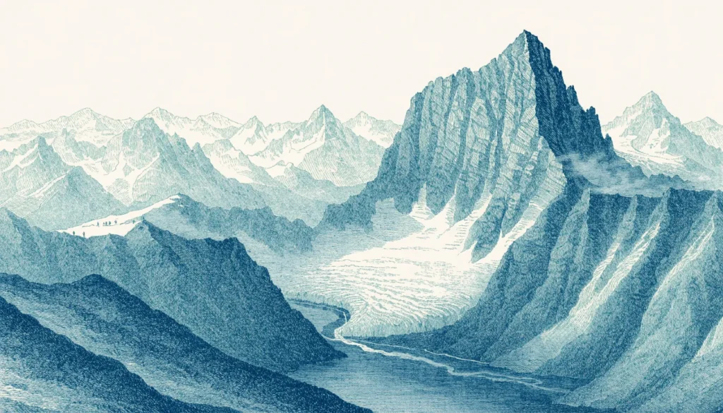 Illustrasjon av en spiss fjelltopp med isbre og et panorama av tinder