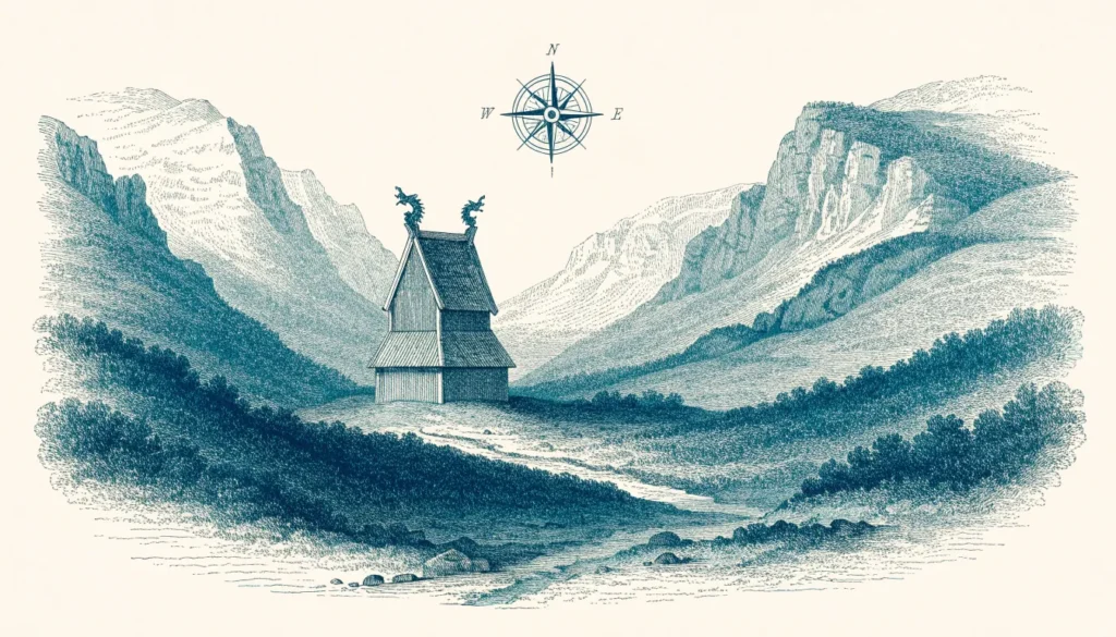Illustrasjon av en høy stavkirke med dragehoder i en grønn dal
