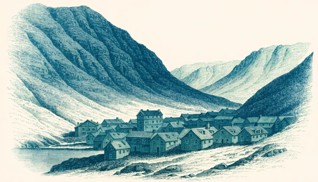 Illustrasjon av fargerike hus i en dal under snødekte fjell på Svalbard